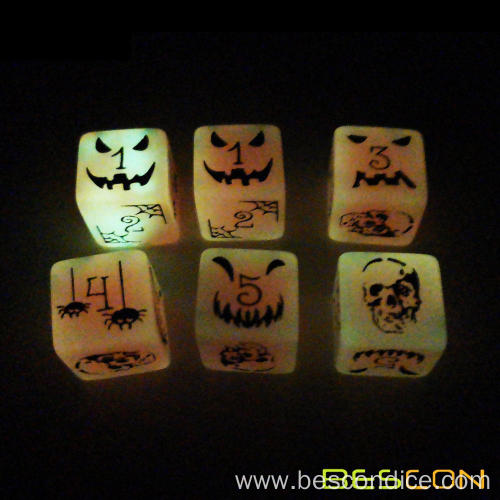 Set of 6 Bescon Halloween Dice 6 Sides, Glow in Dark and Solid Black 6 Sided Halloween Dice Set in Velvet Pouch